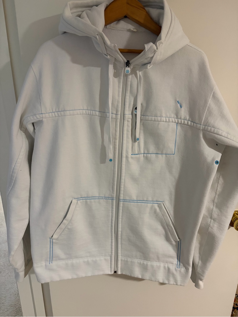 lululemon athletica White Zip Hoodie with Light Blue Trim